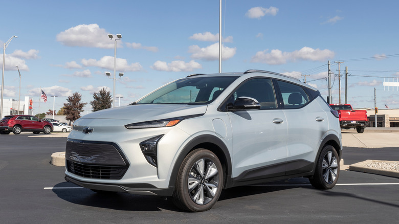 Muncie - Circa November 2021: Chevrolet Bolt EV electric vehicle display. Chevy is a division of GM and offers the Bolt EV with 200 horsepower and a range of up to 259 miles.