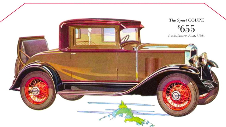 Screenshot of the 1930 Chevrolet Sport Coupe taken from an original sales brochure showing a brown car with red wire wheels