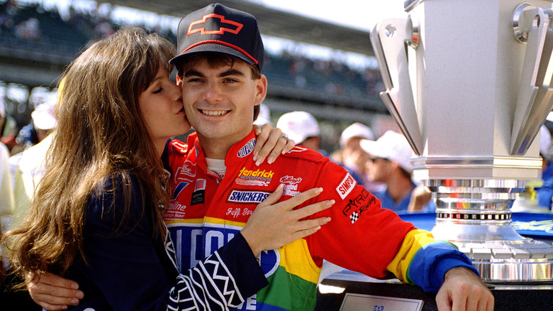 Race car driver Jeff Gordon receives a congratulatory kiss from fiance, Brooke, after winning the inaugural Brickyard 400 NASCAR race at Indianapolis Motor Speedway August 6, 1994 in Indianapolis, IN. Gordons wife, Brooke, recently filed for divorce, citing marital misconduct.