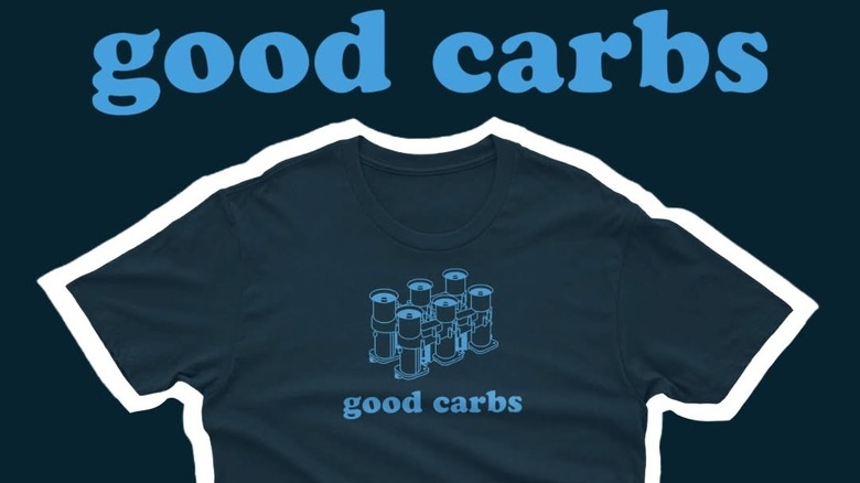 A photo of a Blipshift shirt that says "Good Carbs" with carburetors on it