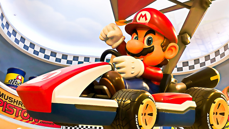 OSAKA, JAPAN - AUG 13, 2025 : Mario and Mario Kart at the goods store at the exit of the attraction Mario Kart in Nintendo World.Super Nintendo World is a themed area at Universal Studios Japan.