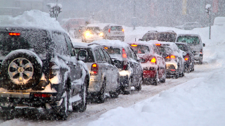 Blizzard on the road. Photo taken 07. februar 2013 in Slovakia Europe town Liptovsky Mikulas. Heavy snowfall paralyzed traffic for several hours.