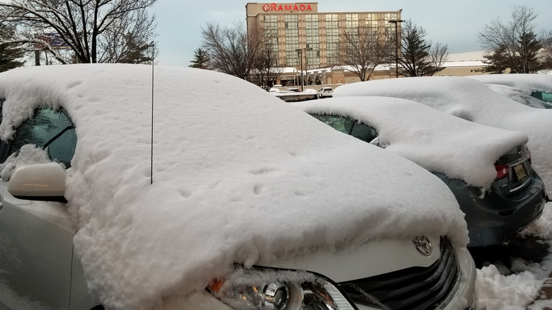 Cars entirely covered with snow following a snowstorm in Newark, New Jersey, March 22, 2018.