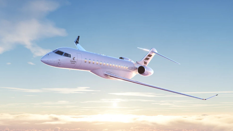 A Bombardier Global 8000 in flight above clouds