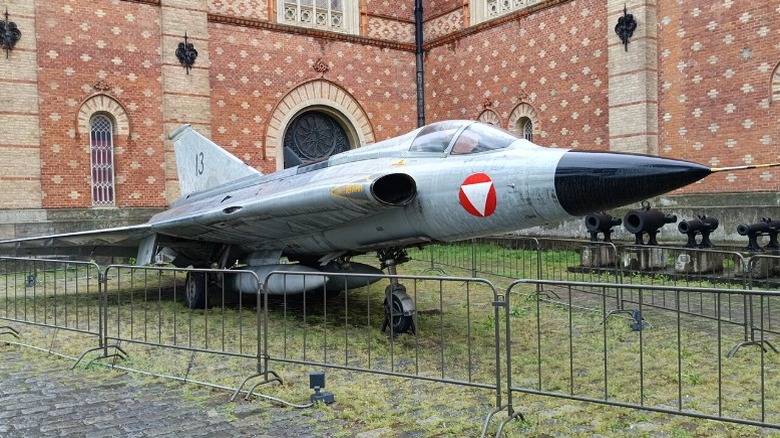 A Saab J35 Draken at a museum exhibition