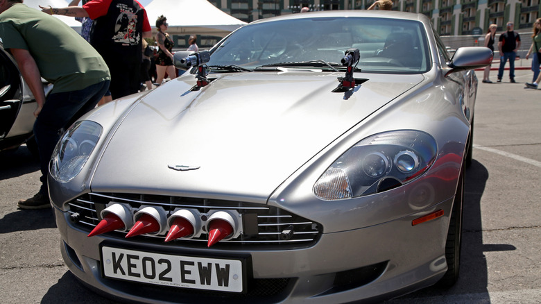 A 2002 Aston Martin Vanquish from the James Bond movie "Die Another Day" is displayed during the car show at the 25th anniversary of the Viva Las Vegas Rockabilly Weekend at The Orleans Hotel & Casino at The Orleans Hotel & Casino on April 16, 2022 in Las Vegas, Nevada