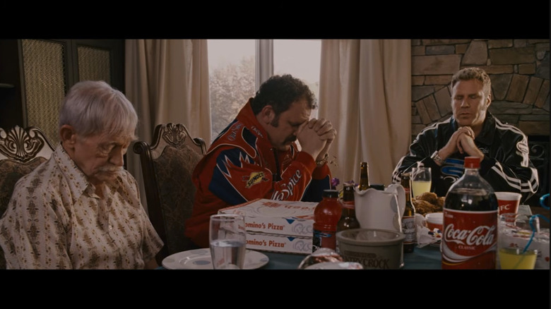 A clip from "Talladega Nights: The Ballad of Ricky Bobby" with Will Ferrell (Ricky Bobby), John C. Reilly (Cal Naughton Jr.), and Ted Manson (Chip) praying at the dinner table.