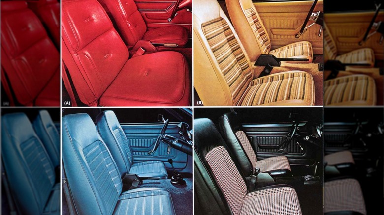 Four different Ford Pinto interiors as shown in the 1978 Ford Pinto catalog, starting top left, a red vinyl interior, top right is a standard cloth/vinyl patterned interior in gold, bottom left is blue vinyl interior, and the bottom left is a diamond pattern cloth paired with black vinyl interior.