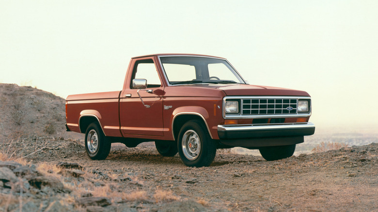 A red 1986 Ford Ranger pickup bearing a single cab (2 doors)