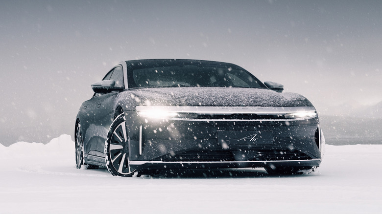 2026 Lucid Air Grand Touring in snow with mountain view