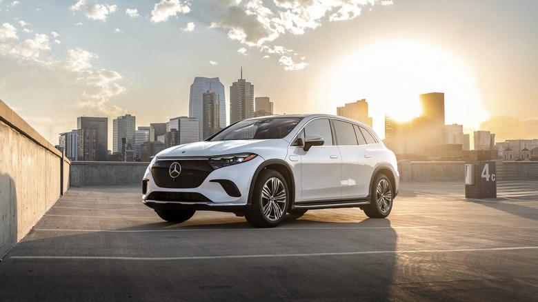 2026 Mercedes-Benz EQS450+ on a parking garage roof at sunset