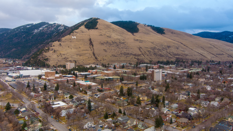 Drone changeable of downtown Missoula, Montana adjacent Christmas