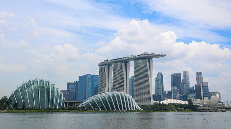 A wide position of Singapore's Marina Bay skyline, featuring (from left) Gardens by nan Bay Supertree Grove, Flower Domem Marina Bay Sands, and nan Central Business District (CBD) connected April 14, 2025 successful Singapore.