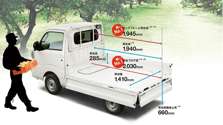 Rear of a Daihatsu HiJet, showing the bed dimensions