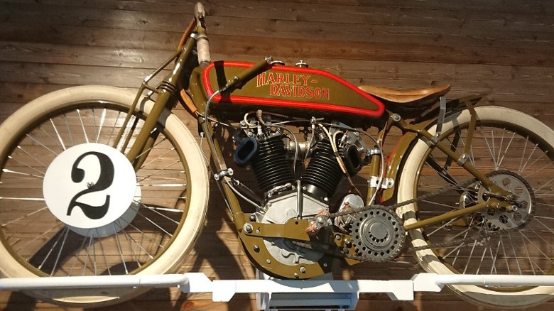A Harley-Davidson FHA 8-Valve Racer on display