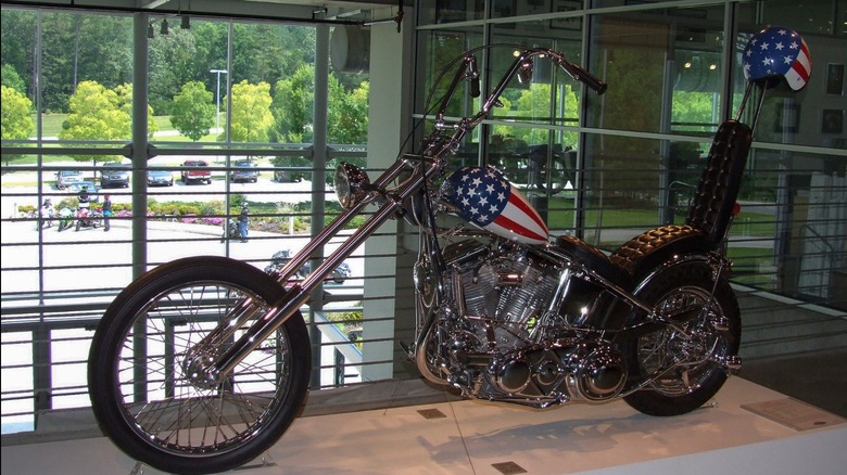 A Harley Davidson Captain America 1999 parked in the Barber Vintage Motorsports Museum