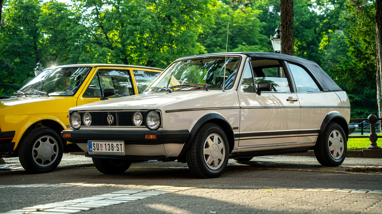 Perfect Volkswagen Cabrio (based on Volkswagen Golf 1) in white color. Subotica, Serbia 21.06.2023