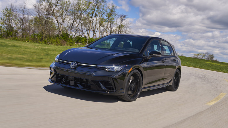 Front 3/4 view of a black Volkswagen Golf R