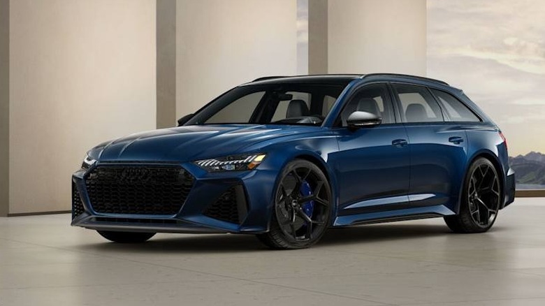 Front 3/4 view of a blue Audi RS6 Avant