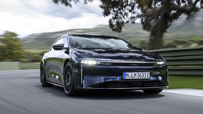 Front 3/4 view of a blue Lucid Air Sapphire