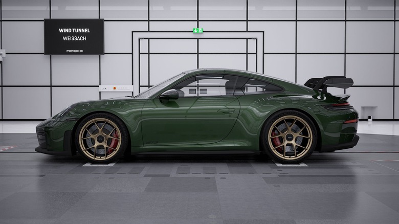 Side view of a green Porsche 911 GT3