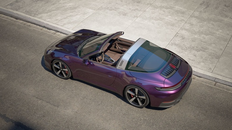 Rear 3/4 view of a purple Porsche 911 Targa 4S