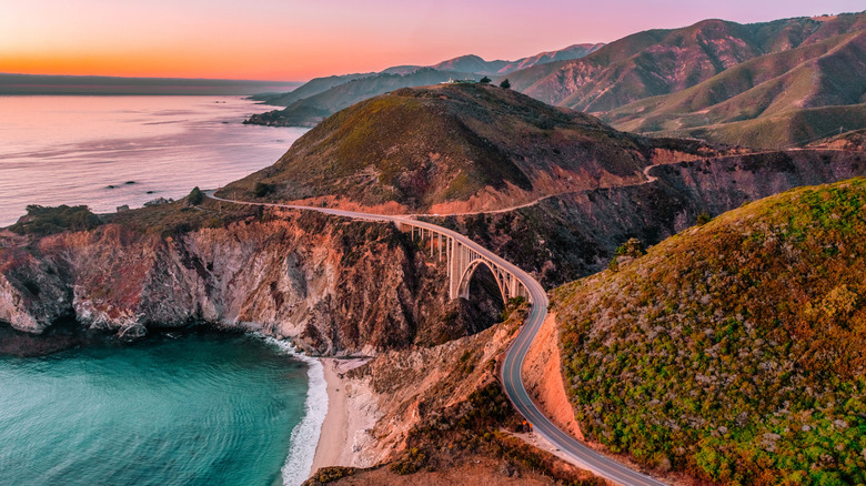 An aerial view of the Bixby Bridge on California State Route 1.