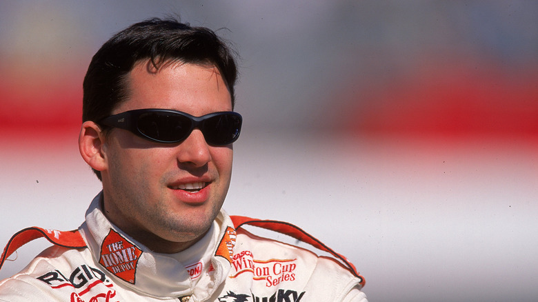Tony Stewart #20 looks on the track during the Cracker Barrel 500, part of the NASCAR Winston Cup Series at the Atlanta Motor Speedway in Hampton, Georgia