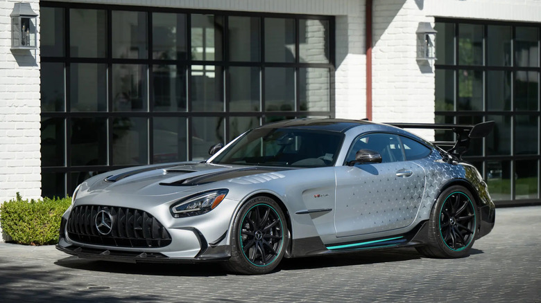 A front three-quarters view of a 2021 Mercedes-AMG GT Black Series Project One Edition