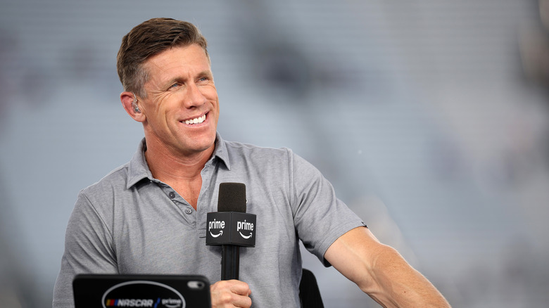 NASCAR on Prime Video analyst, Carl Edwards speaks during coverage of practice for the NASCAR Cup Series Cracker Barrel 400 at Nashville Superspeedway on May 31, 2025 in Lebanon, Tennessee.