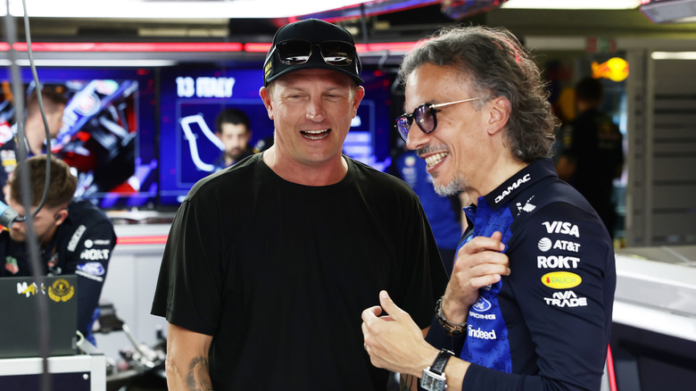 Kimi Raikkonen with Laurent Mekies, Team Principal of Oracle Red Bull Racing in the Oracle Red Bull Racing garage prior to the F1 Grand Prix of Italy at Autodromo Nazionale Monza on September 06, 2026 in Monza, Italy.