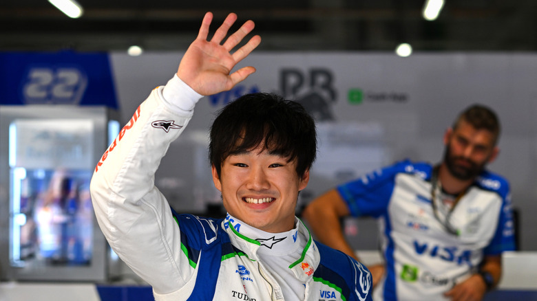 Yuki Tsunoda of Japan and Visa Cash App Racing Bulls looks on in the garage during previews ahead of the F1 Grand Prix of Spain at Madring on September 10, 2026 in Madrid, Spain.