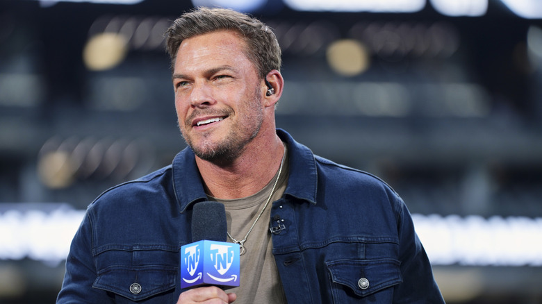 Reacher star Alan Ritchson visits the Prime Video Thursday Night Football broadcast set to celebrate the premiere of Season 2 after the Las Vegas Raiders defeated the Los Angeles Chargers at Allegiant Stadium on December 14, 2023 in Las Vegas, Nevada.