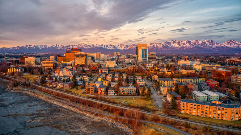 Aerial View of a Sunset over Downtown Anchorage, Alaska in Spring