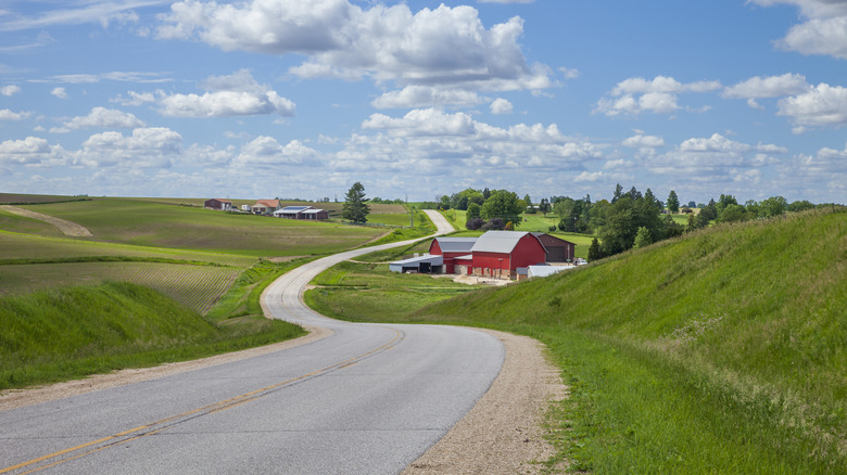 Farm with a red barn on a curving road in the Iowa countryside on a beautiful spring day