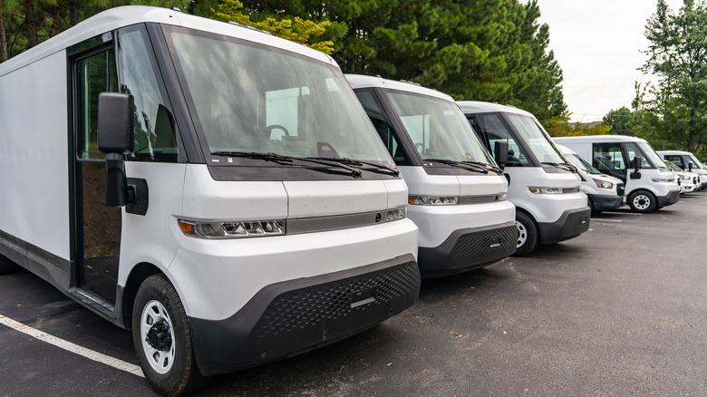 Canoo delivery trucks all parked in a row