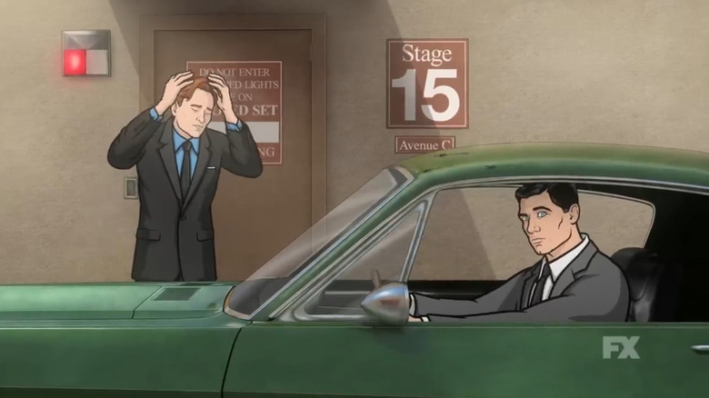 A screenshot of an animated Conan O'Brien dodging a bullet in front of his studio while Archer sits in his green nondescript Mustang Mach II.