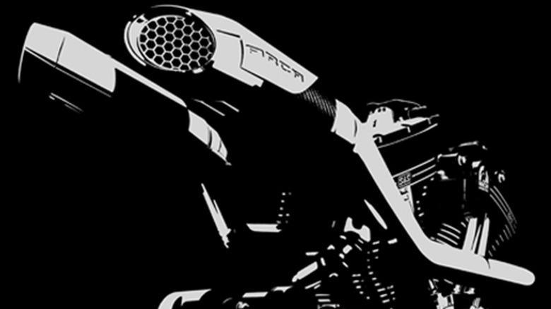 A cartoonish closeup of an Arch/S&S V-Twin engine and exhaust system