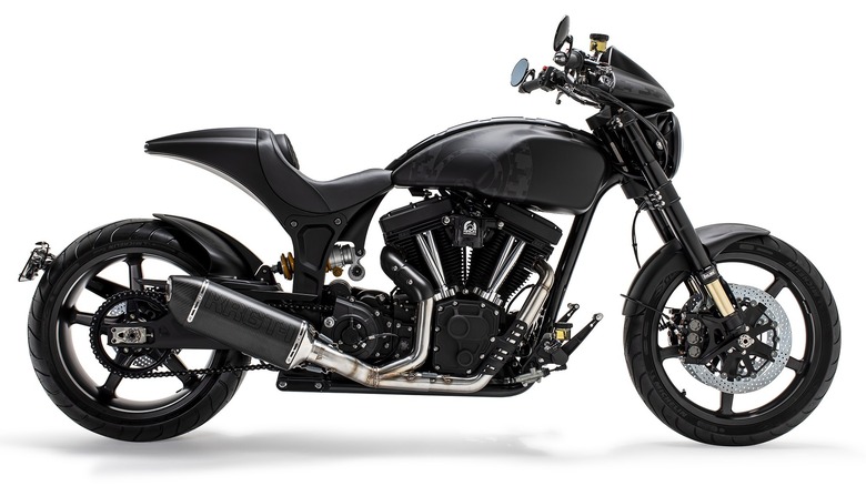 A side shot of a custom black Arch KRGT-1 performance cruiser motorcycle