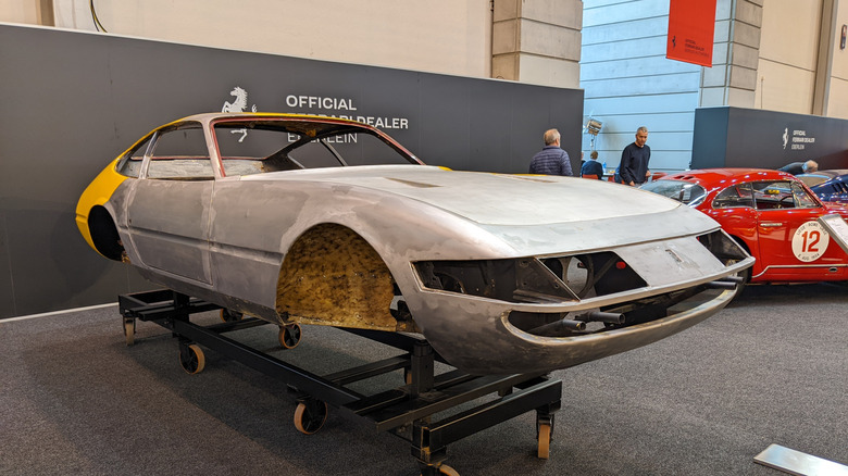 The body of a 1971 Ferrari Daytona Coupe on display in Essen.