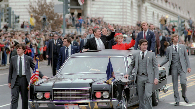 President Ronald Reagan and Nancy Reagan in The Presidential Limousine During The Inaugural Parade, Washington, DC