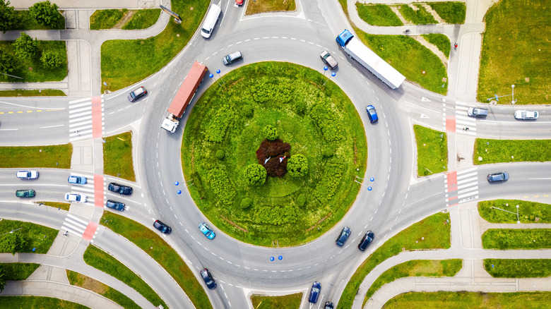 Aerial View of Busy Roundabout with Heavy Traffic