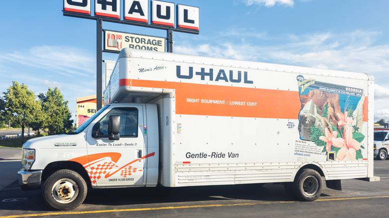 Rome, NY - Jul 20, 2025: Wide view of U-Haul truck and Signage, is the largest trailer renter, trucks, and self-storage units in the United States, was founded in 1945 by Leonard Shoen and his wife