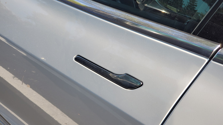Close-up of flush-mounted, retracting door handle on Tesla automobile, San Ramon, California, September 21, 2020. (Photo by Smith Collection/Gado/Getty Images)