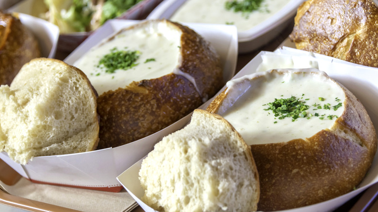 Clam chowder in bread bowls