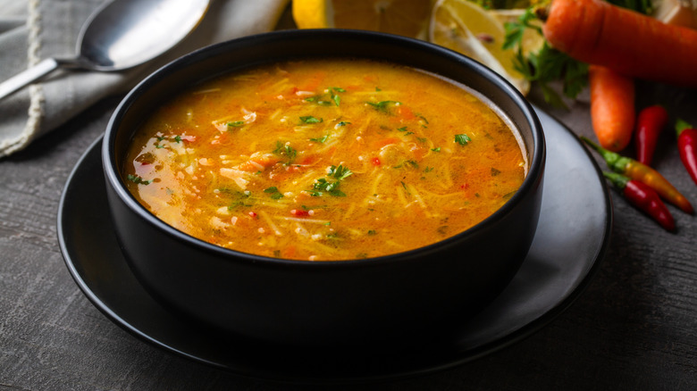 Chicken and vegetable noodle soup. Turkish name; tavuklu sebzeli sehriye corbasi