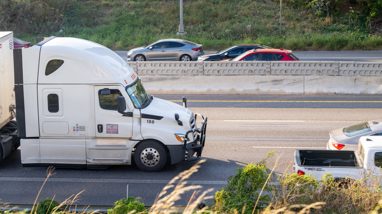 A semi-truck traverses Interstate 35 on November 17, 2025 in Austin, Texas.