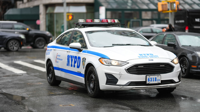 General view of a police car NYPD next to the show venue, outside Brandon Maxwell, during New York Fashion Week, on February 06, 2025 in New York City.