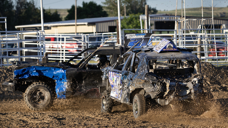 Drivers collide during the Wreckless Promotions demolition derby at the Custer County Fairgrounds on June 13, 2026 in Broken Bow, Nebraska