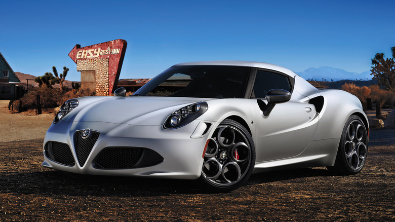 Front 3/4 view of a white Alfa Romeo 4C